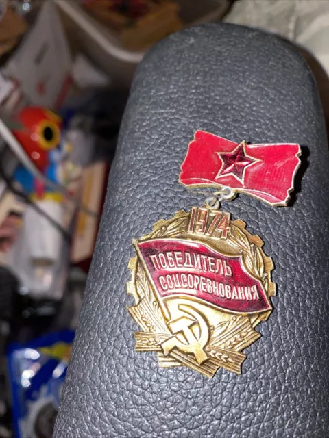 Socialist Winner Medal Competition USSR Soviet Pin Badge Russian Document 1975