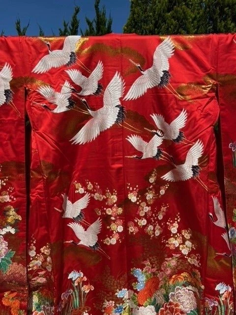 Kimono Iro Uchikake crane embroidery red pure silk bridal dress From Japan JP 2