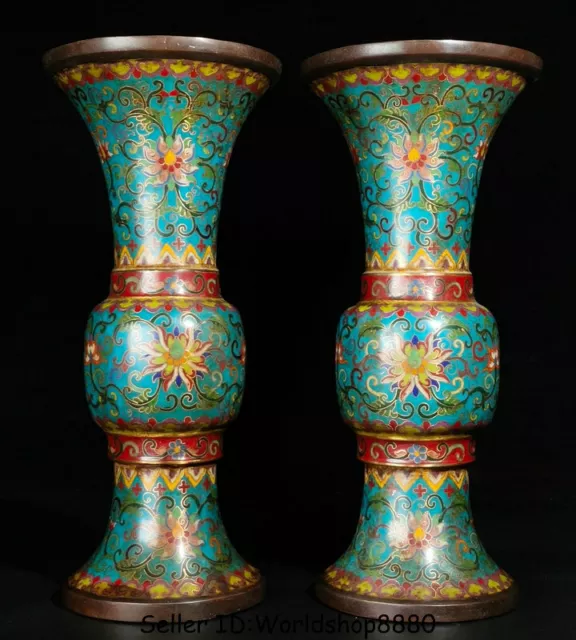 12.8" Qianlong Marked Old Cloisonne Enamel Bronze Palace Flower Bottle Vase Pair