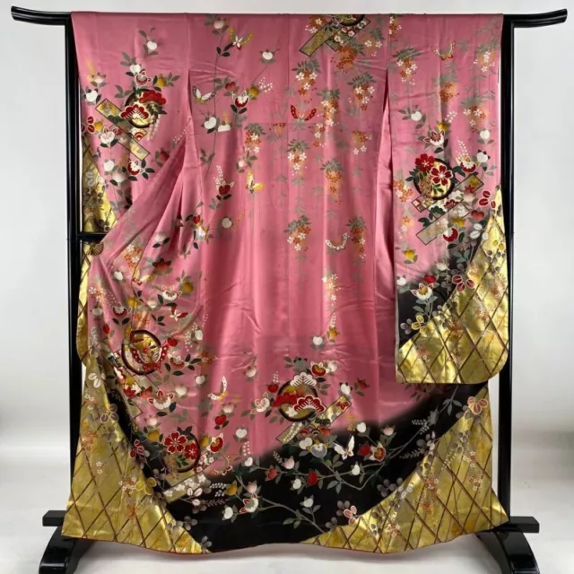 Japanese Kimono Furisode Pure Silk Butterfly Flowers Gold Thread Gold Paint Pink