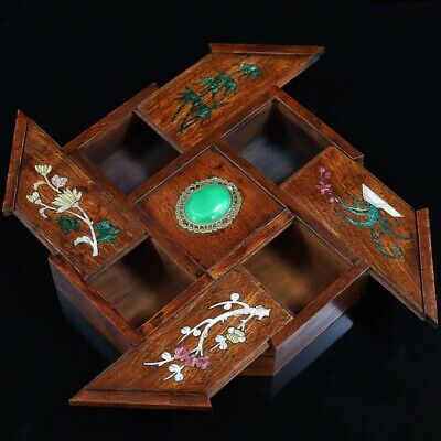 Old Chinese Rosewood Hand Painted Four Seasons Flower Octagonal five open box 38