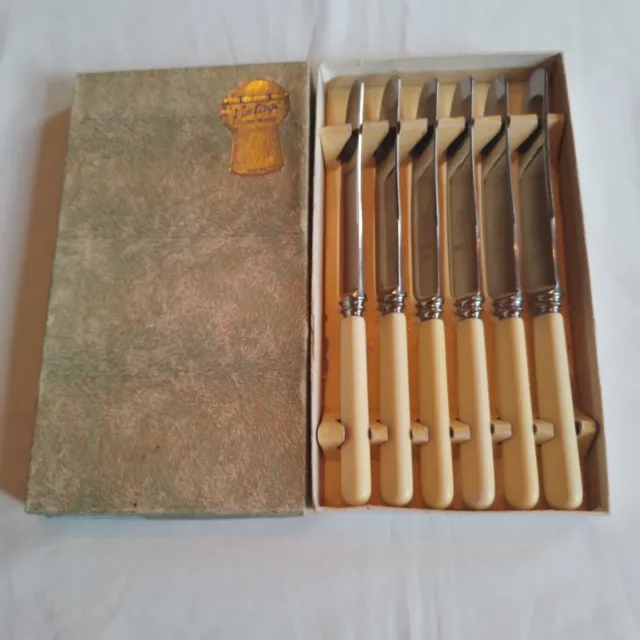Vintage Boxed Set of 6 E. Leclere Sheffield Stainless Steel Dessert Knives