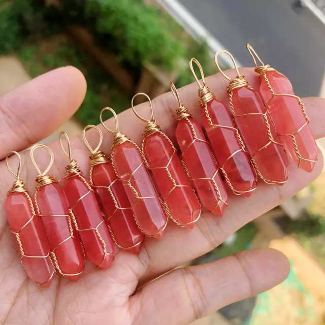 10pcs Watermelon Red Stone Hexagon Point Pendant Chakra Reiki Healing Amulet
