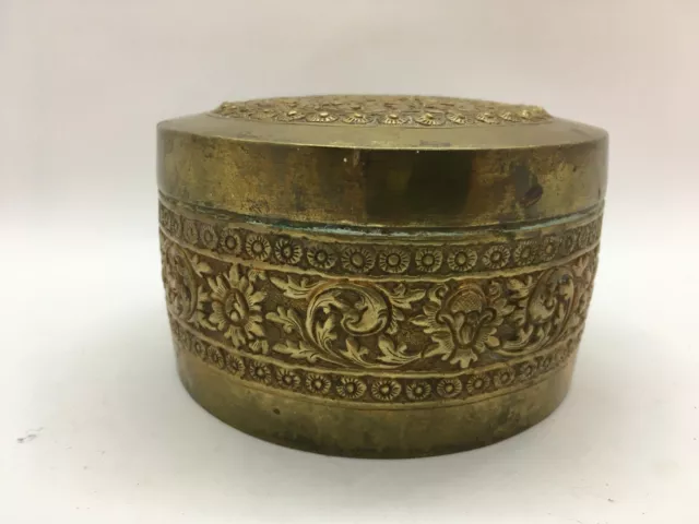 Southeast Asian Repousse and Chased Brass Cylindrical Cover Box ~ Betel Nut Box?