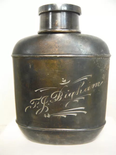 ANTIQUE SILVER PLATE FLASK w/ TELESCOPING LID CUP  ENGRAVED F J BINGHAM