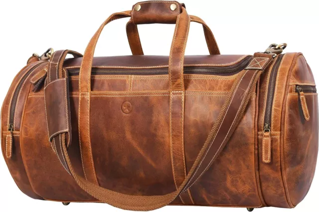 22" Large Full Grain Leather Duffle Barrel Bag - Adjustable Straps for Travel. 2