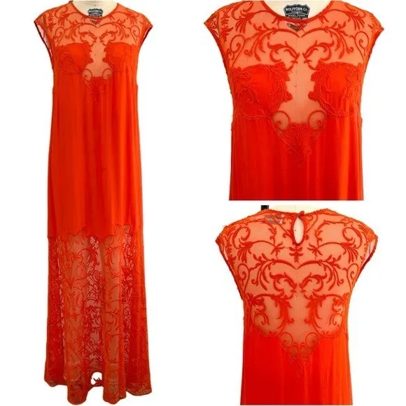 SHAKUHACHI NOVEAU Embroidered Lace Maxi Dress in Orange/Red Size M