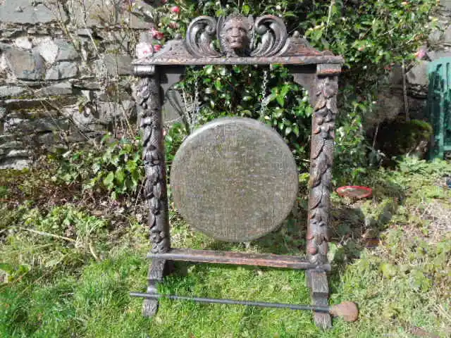 Antique Baronial Large Bronze Dinner Gong on Carved Oak Stand 1.2m High 3