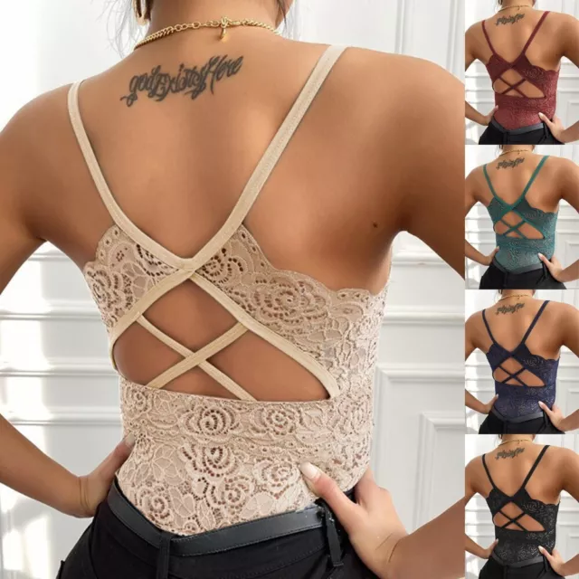 Womens Backless Lace Floral Bralette Crop Top Padded Bra Bustier Cami Vest  Tank 