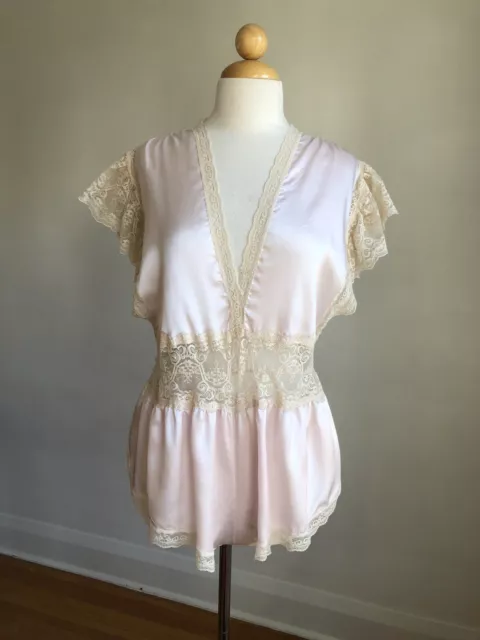 STUNNING VTG VICTORIA’S SECRET Pink Satin Ivory Lace Teddy Romper Lingerie SZ M