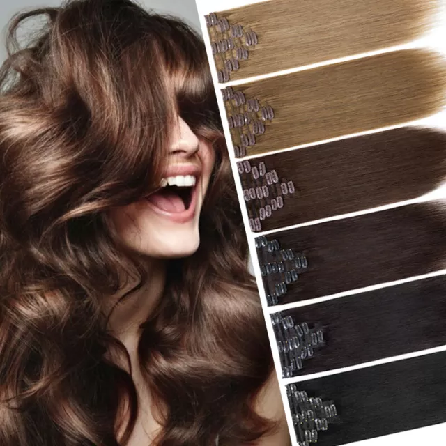 Clip in Indisch Remy Extensions 100% Echthaar Haarverlangerung 8 Tressen Braun