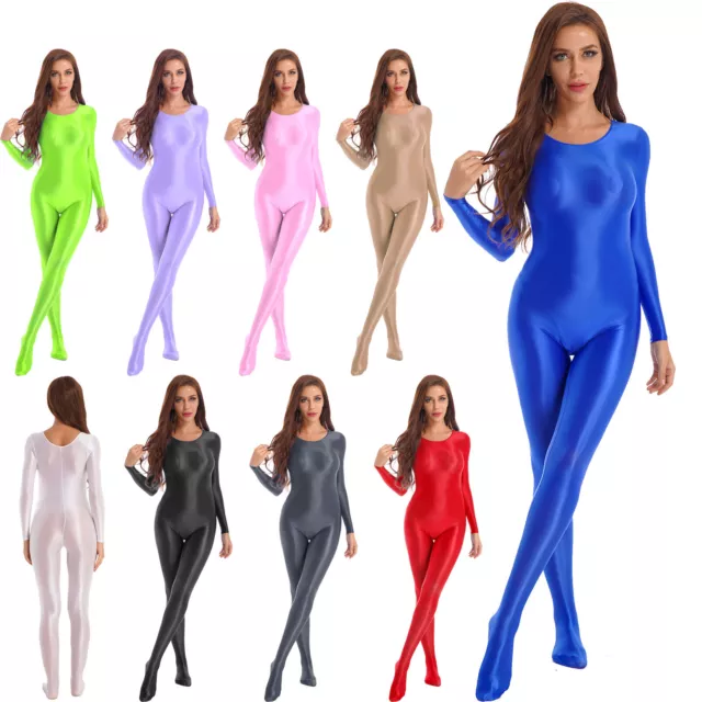 Tuta donna maniche lunghe collant lucidi lingerie body stocking body lucido bodysuit sexy 2