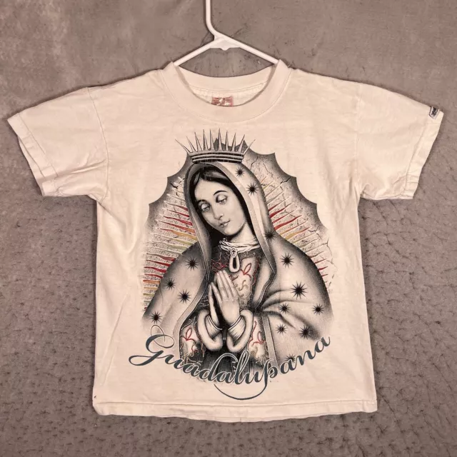 A1 Vintage 90s Guadalupana Virgin Mary T Shirt Youth Medium White 2 Sided