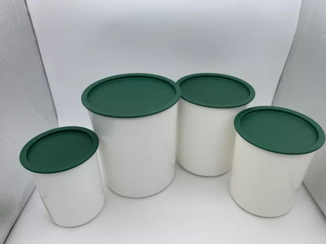 4 Tupperware One Touch Nesting Canisters Set with Green Lids. read description 3