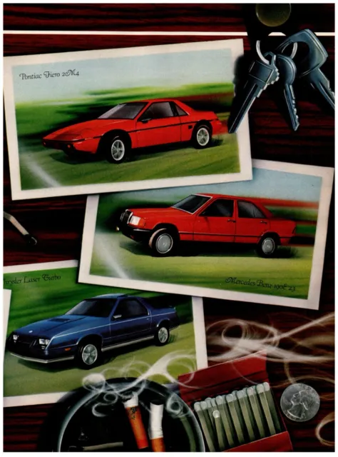 Mercedes Benz 190E Pontiac Fiero 80's Cars VTG Print Advertisement 8x11" 1984