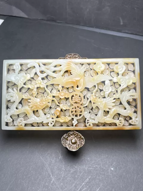 Chinese Exquisite Handmade Dragon Phoenix carving Hetian Jade Statue Plate