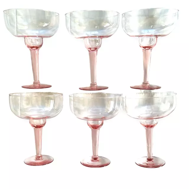 Vtg Pink Stem Hand Blown Glass Margarita Glasses 16 oz Rare 7” T x 5” W Barware