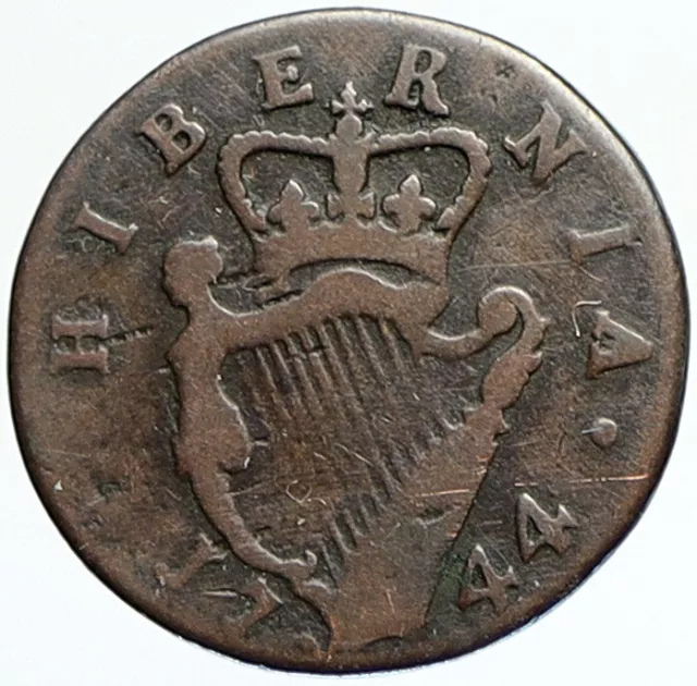 1744 IRELAND UK King George II Antique Lyre VINTAGE Farthing 1/4 P Coin i113380