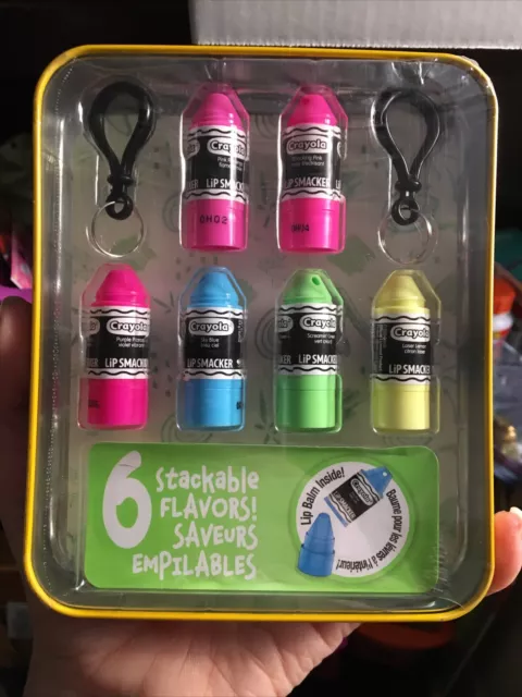Crayola Lip Smacker Tin  ” Mini Lip Balms 6 Stackable Flavors! In Collectors Tin
