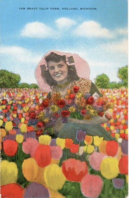 Van Bragt Tulip Farm Holland Michigan MI Linen UNP Smiling Lady Tulips Postcard