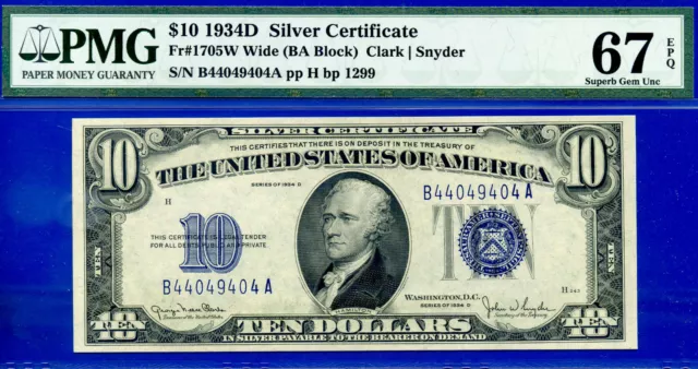 1934D $10 Silver Certificate PMG 67EPQ top pop finest known BA Block Fr 1705W