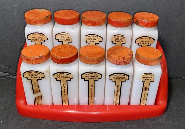 Vintage 1940s GRIFFITHS Milk Glass Spice Jars Caps/Lids & Red Rack Art Deco