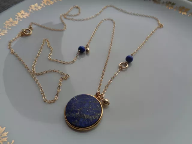 Lange Goldkette mit Lapislazuli Anhänger, 585 Gold Filled