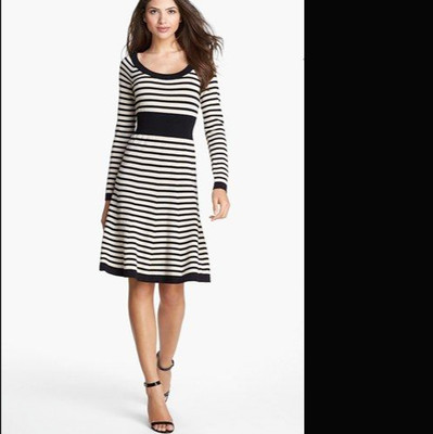 L Kate Spade 100% Wool Lisa Long Sleeve White Black Stripe Sweater Dress Knit