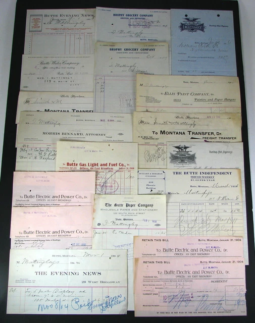 #238  18 old 1902-11 BUTTE MONTANA billheads, receipts etc POWER WATER NEWSPAPER