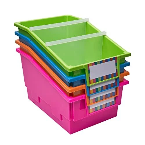 Chapter Book Library Bins with Dividers, 8¾" x 13½" x 7¾" - 4 Pack, Neon |