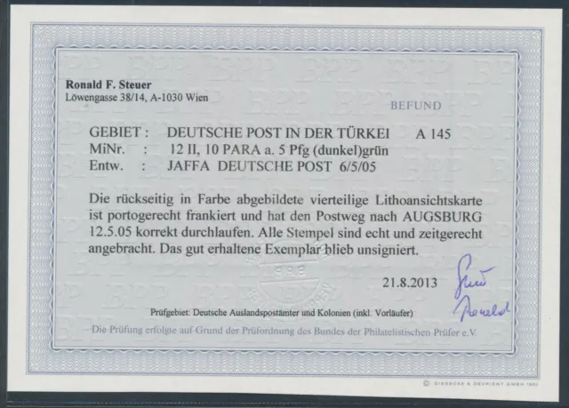 DP Türkei Reichspost MeF Litho-AK Jaffa 1905 nach Augsburg Befund (S21896) 3