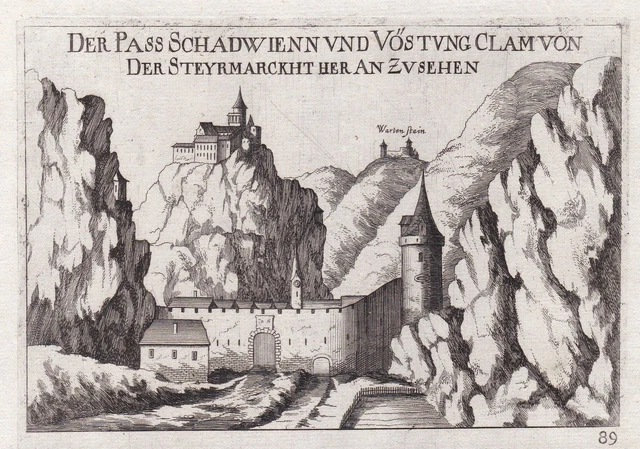 Schottwien Castello Wartenstein Incisione Engraving Vischer Austria 1672