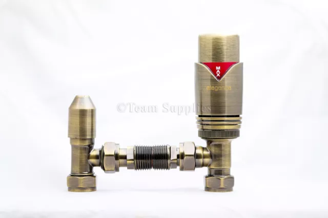 Antique Brass Thermostatic Radiator Valve 15Mm Angled Trv Lockshield Twin Pack