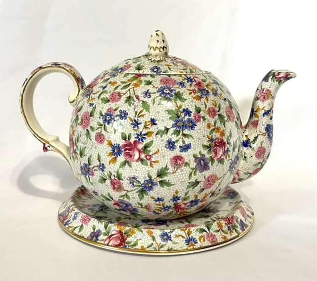 Vtg Pre-1960 Royal Winton Grimwades Ivory Old Cottage Chintz Tea Tile and Teapot