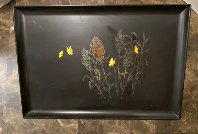 Vintage MCM Couroc Tray Inlay Butterflies Wheat Mid Century Modern Barware Large