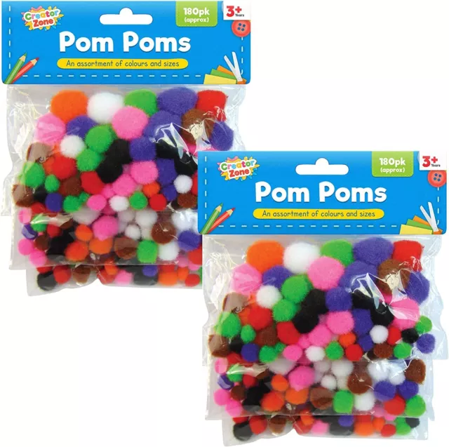 360Pk CRAFT POM POMS 25mm Assorted Colour & Sizes Fluffy Pompoms Arts School