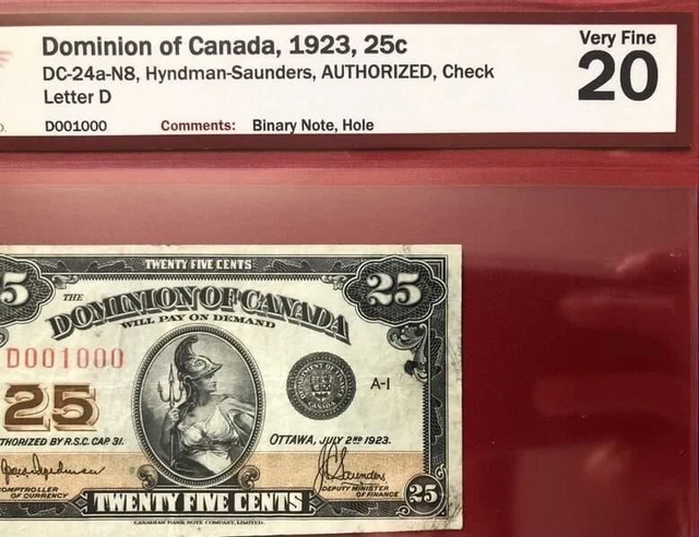 1923 Dominion Of Canada 25 Cents DC-24a-N8 “BINARY NOTE” BCS Graded VF20