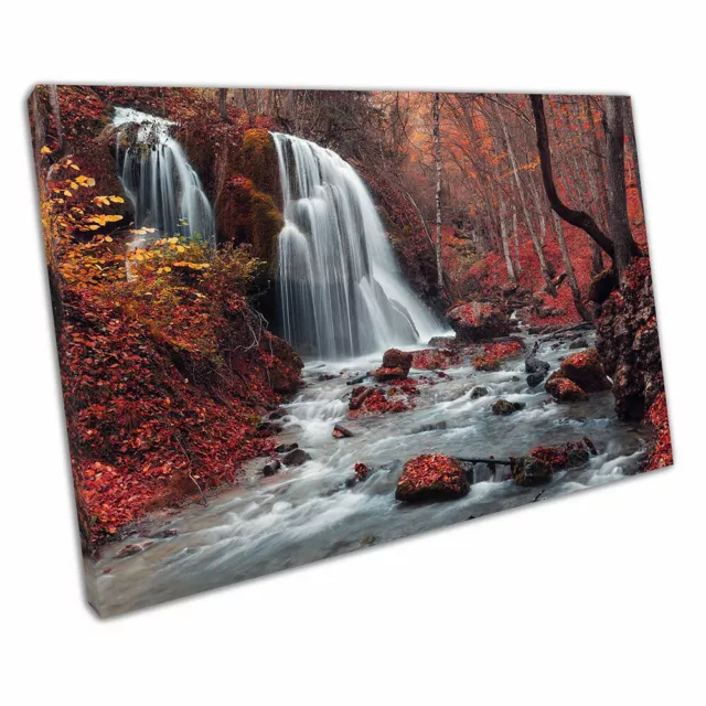 Beautiful waterfall and stream in a Red autumn leaf forest Wall Art Print