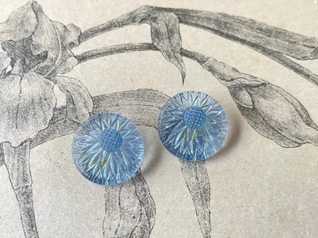 Ensemble de 2 boutons en verre bleu,  Motifs géométriques fleurs French buttons.