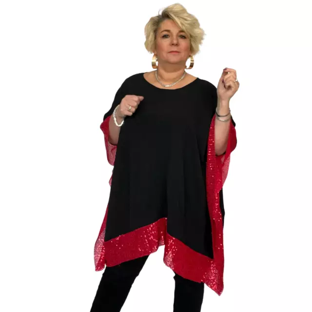 Womens Kaftan Ladies Black Oversized Blouse With Sparkly Sequin Edges Plus Size