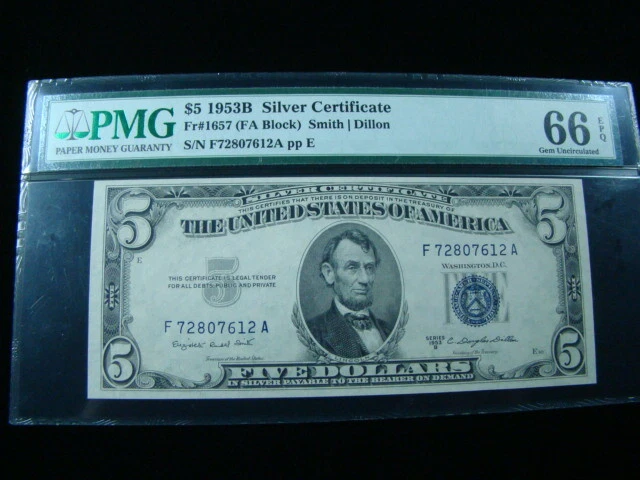 1953B $5 Fr#1657 Silver Certificate (FA Block) PMG 66 EPQ Gem F72807612A