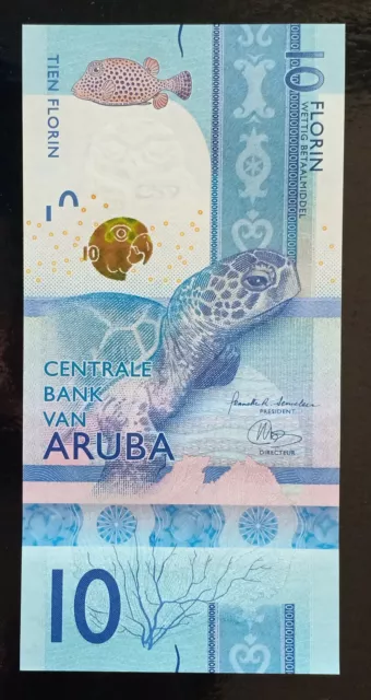 B- Aruba 2019 note 10 Florin P-21 UNC Series A "Life in Aruba" Issue, Sea Turtle