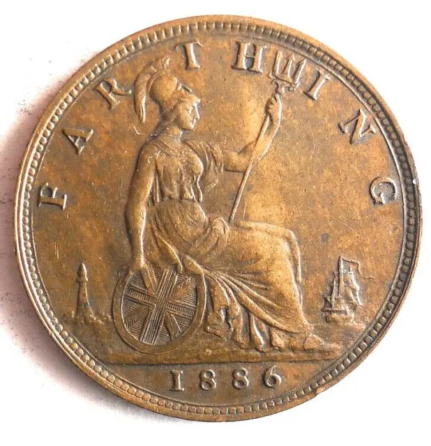 1886 GREAT BRITAIN FARTHING - AU - RARE DATE - Excellent Vintage Coin - Lot #S23