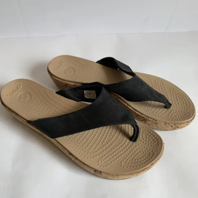 Crocs A-Leigh Women’s Size 10 Flip Flop Thong Wedge Sandals Black Shoes