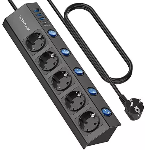 Multiprise Parasurtenseur Parafoudre avec 5 Prises et 1 Port Type-C et 3 Ports U