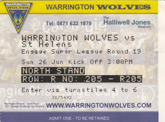 Ticket - Warrington Wolves v St Helens 26.06.2011