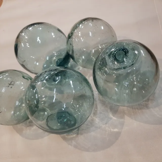5 Set, Vintage Round Fishing Net Floats Hand Blown Glass Japanese Hokkaido 6cm