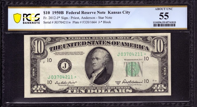 1950 B $10 Federal Reserve Star Note Kansas City Fr.2012-J* Pcgs About Unc Au 55