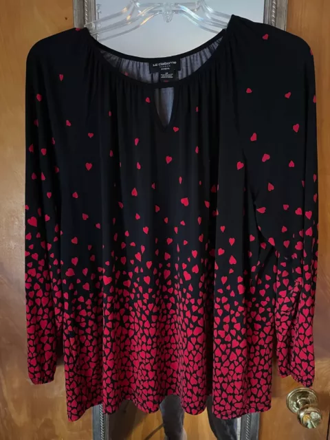 Liz Claiborne Black With Red Hearts Blouse - 1X