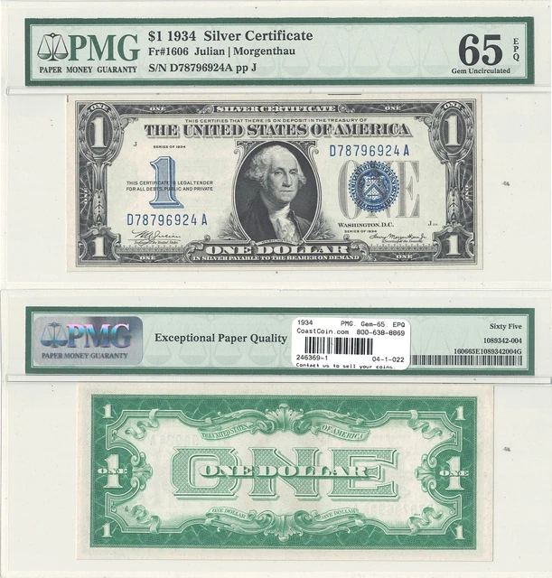 1934 $1 Silver Certificate "Funny Back" Fr 1606 PMG Gem Uncirculated-65 EPQ